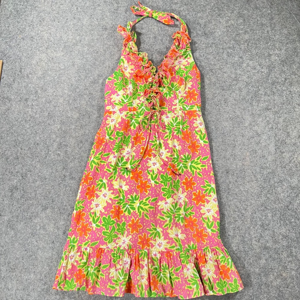 Lilly Pulitzer Dress Womens 10 Pink Floral Ruffle Halter Preppy Summer Sun Dress